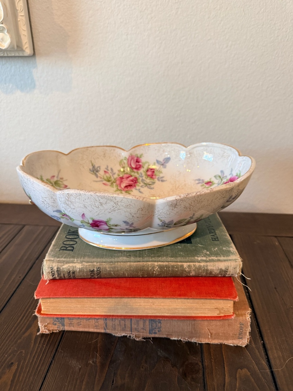 Vintage Saji Dresden Rose Footed Oval Bowl Pink Floral Gold Trim Japan Cottageco